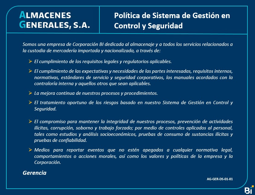 Política de Sistema de Gestión en Control y seguridad.