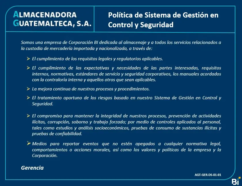 Política de Sistema de Gestión en Control y Seguridad.