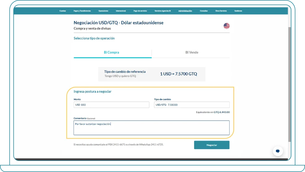 Negociación de divisas desde Bi Banking