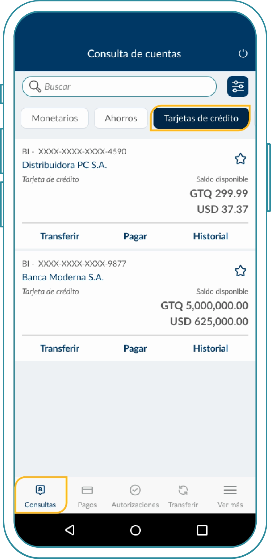 Consulta de saldos e historial en tarjeta de crédito - Paso 2
