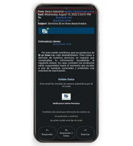 Correo enviado por cibercriminal con un correo que no es dominio del Banco Industrial.